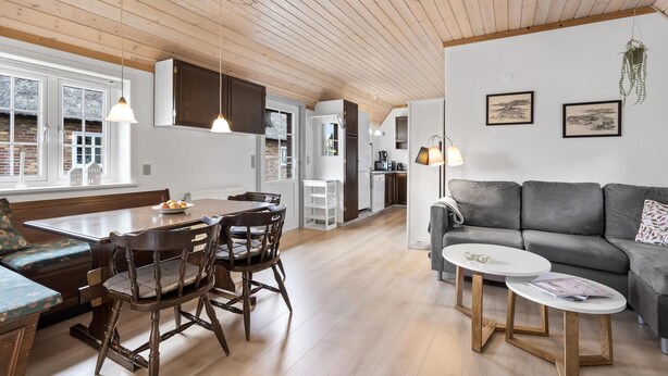 A modern living space with a dining area, kitchen, and seating area.