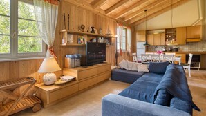 A cozy cabin interior with a wooden interior, a sofa, a television, and a kitchen area. - Lovely home in Farnese (Farnese)