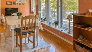 Un coin repas avec une table en bois, des chaises et un téléviseur. Des plantes en pot sont posées sur le rebord de la fenêtre, et une étagère contient des paniers.