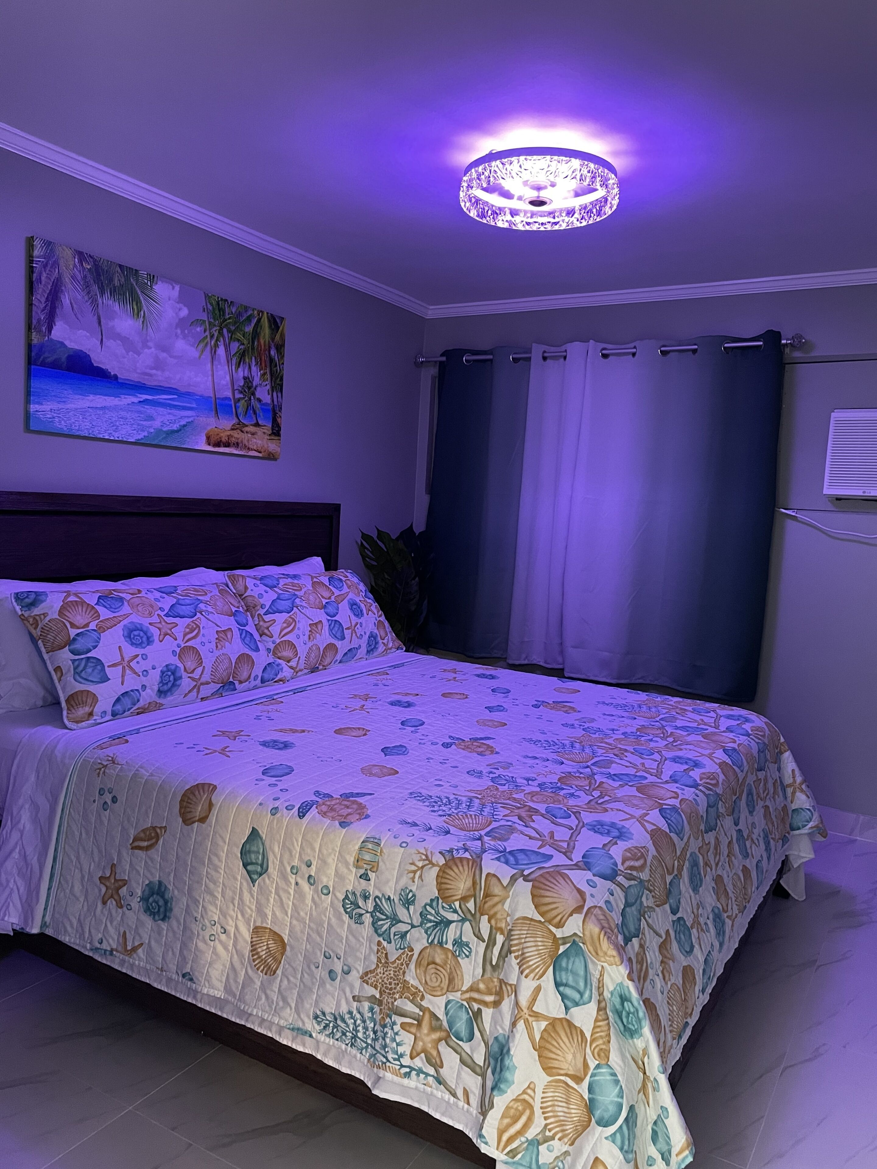 Une chambre à coucher comprenant un lit, une table de chevet, un climatiseur fixé au mur et un luminaire au plafond.