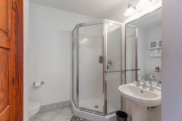 A bathroom with a glass-enclosed shower, a white sink, and a toilet.