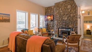 Smart TV, fireplace, DVD player, books