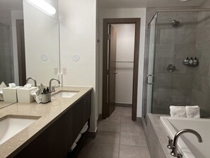 Hair dryer, towels, soap, shampoo