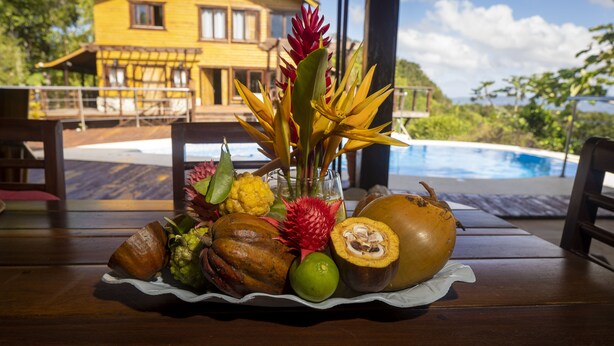 A tropical fruit and flower arrangement on a wooden table with a pool view. - Loma de Sion (San Francisco de Macorís)