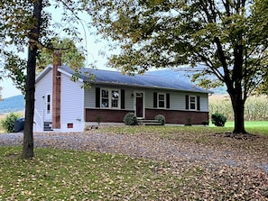 A two-story house with a brick chimney, a front porch, and a garage.
