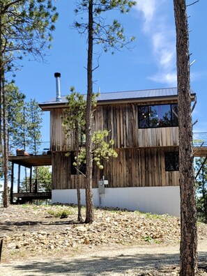 Een moderne houten chalet met een groot raam, omringd door bomen.