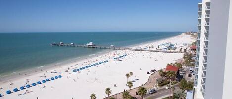 On the beach, sun-loungers, beach towels