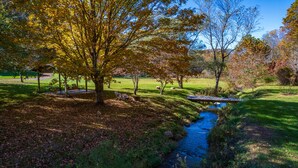 A serene park with a small stream, benches, and trees. -     Peaceful Mountain Retreat: Private Creek, Fireflies & Family Fun (Sparta)