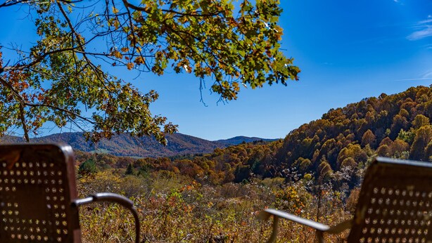 Two park benches facing a scenic view of a forested hillside. -     Peaceful Mountain Retreat: Private Creek, Fireflies & Family Fun (Sparta)