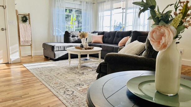 A living room with a sofa, coffee table, and a decorative vase. - Remodeled, cozy, vintage charmer (Albany)