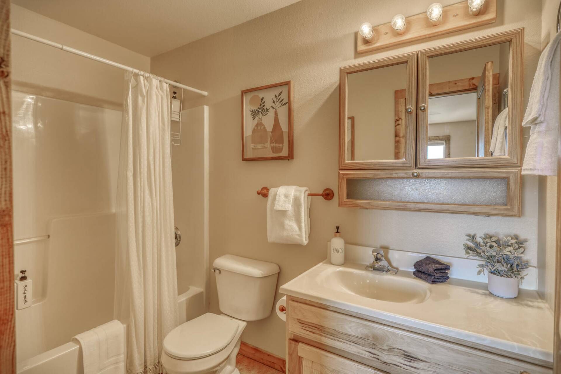 Une salle de bain comprenant des toilettes, un lavabo et une douche. On y trouve un porte-serviettes avec une serviette, un tableau encadré au mur et un miroir au-dessus du lavabo.