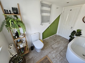 Hair dryer, towels, soap, toilet paper