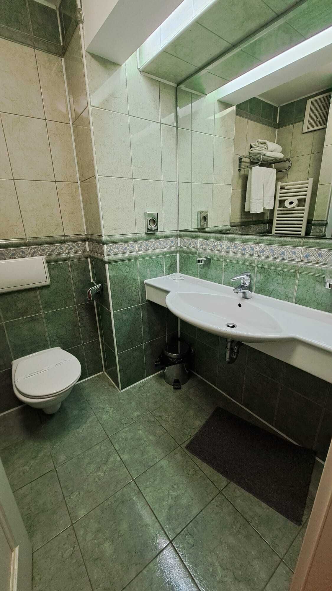Een badkamer met toilet, wastafel en spiegel.