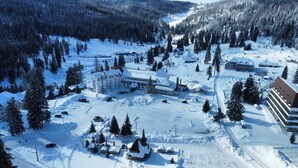 A snow-covered resort with multiple buildings, including a large hotel with a central courtyard and several smaller structures. - Hotel Iadolina (Budureasa)