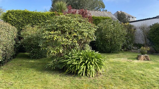 Um jardim bem cuidado com arbustos variados e gramado, uma parede de pedra e um edifício com telhado inclinado ao fundo.