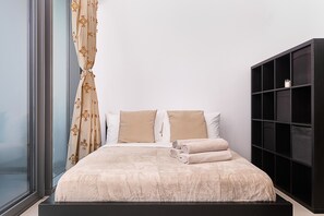 1 bedroom, laptop workspace, blackout curtains, soundproofing