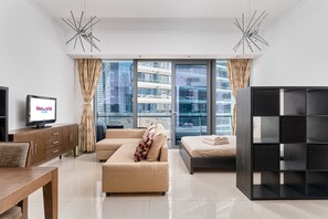 1 bedroom, laptop workspace, blackout curtains, soundproofing