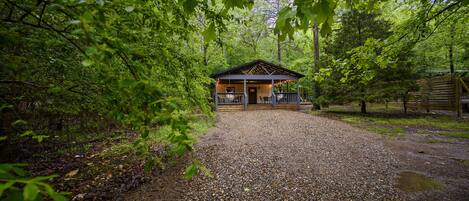 A cabin with a porch, surrounded by dense trees and a gravel path leading to it.