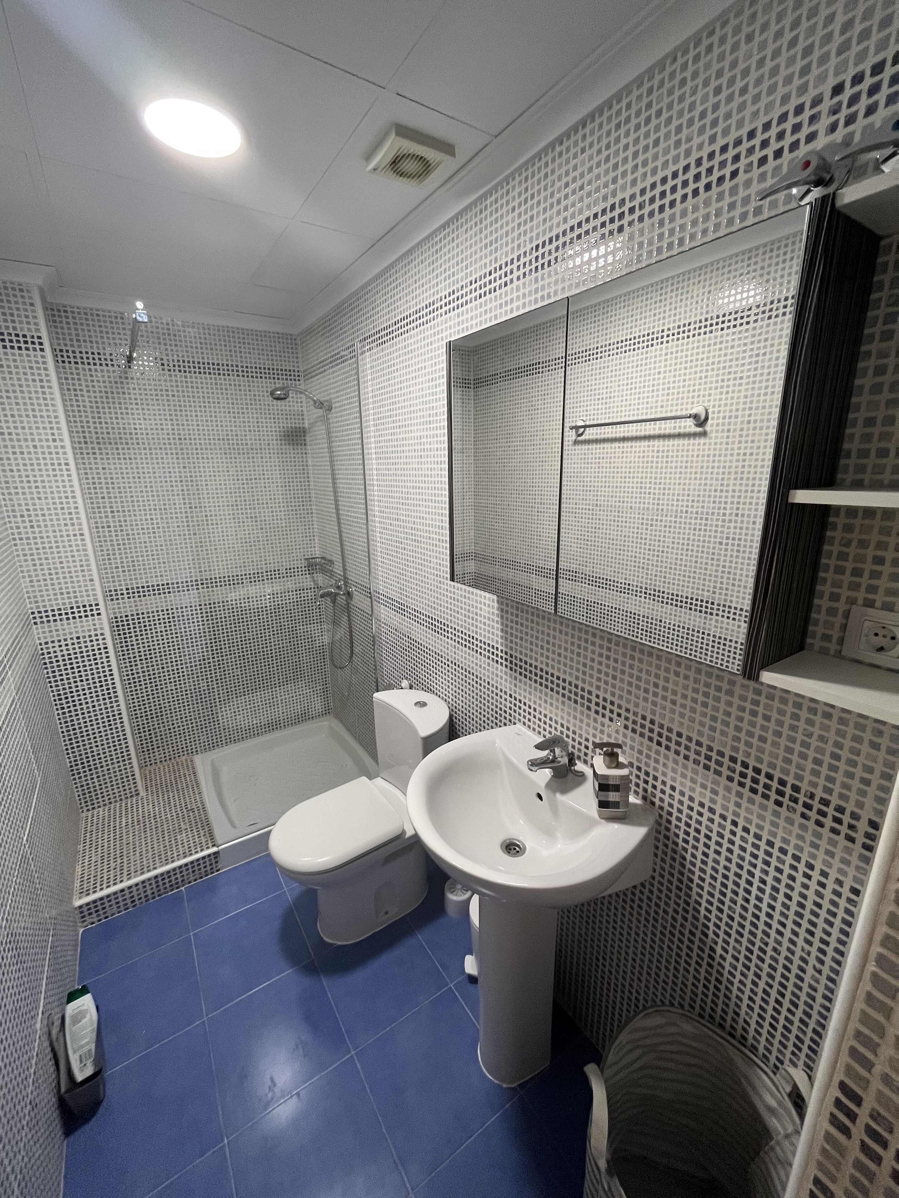 Un baño con ducha, inodoro y lavamanos.