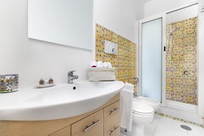 Shower, hair dryer, bidet, towels