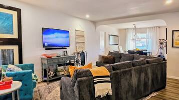 TV connectée, cheminée, livres, chaîne hi-fi