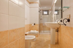 Een douche, een haardroger, een bidet, handdoeken