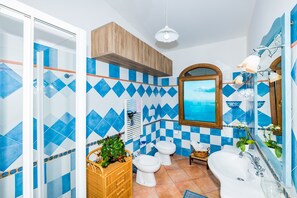 Shower, hair dryer, bidet, towels