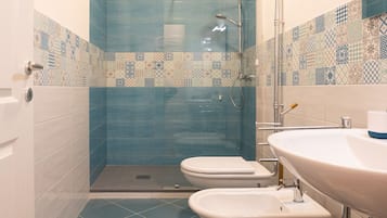 Shower, hair dryer, bidet, towels