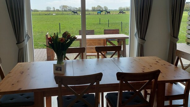 A dining area with a wooden table and chairs, a hanging light fixture, and a view of a green field with horses.