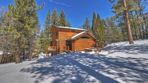 A log cabin with a covered porch and a small deck, surrounded by snow and tall pine trees.