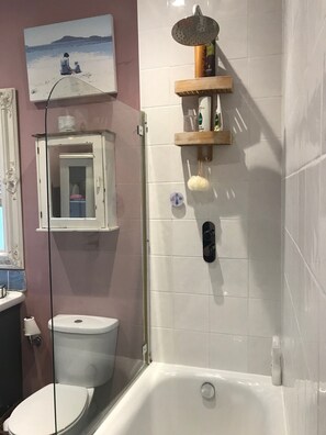 Hair dryer, towels, soap, shampoo