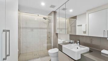Shower, hair dryer, towels