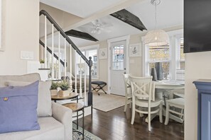 Smart TV, fireplace, table football