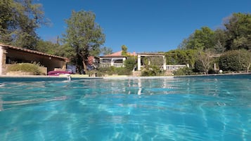 Seasonal outdoor pool, pool umbrellas, pool loungers