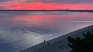Une plage où une personne se tient sur le sable, dominant une mer calme sous un ciel aux couleurs vives.