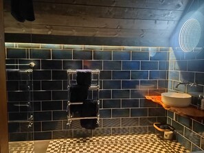 Douche, séchoir à cheveux, serviettes fournies, savon