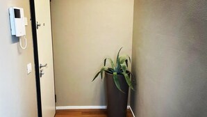 Een gang met houten vloer, een potplant en een deur met telefoon en lichtschakelaar.