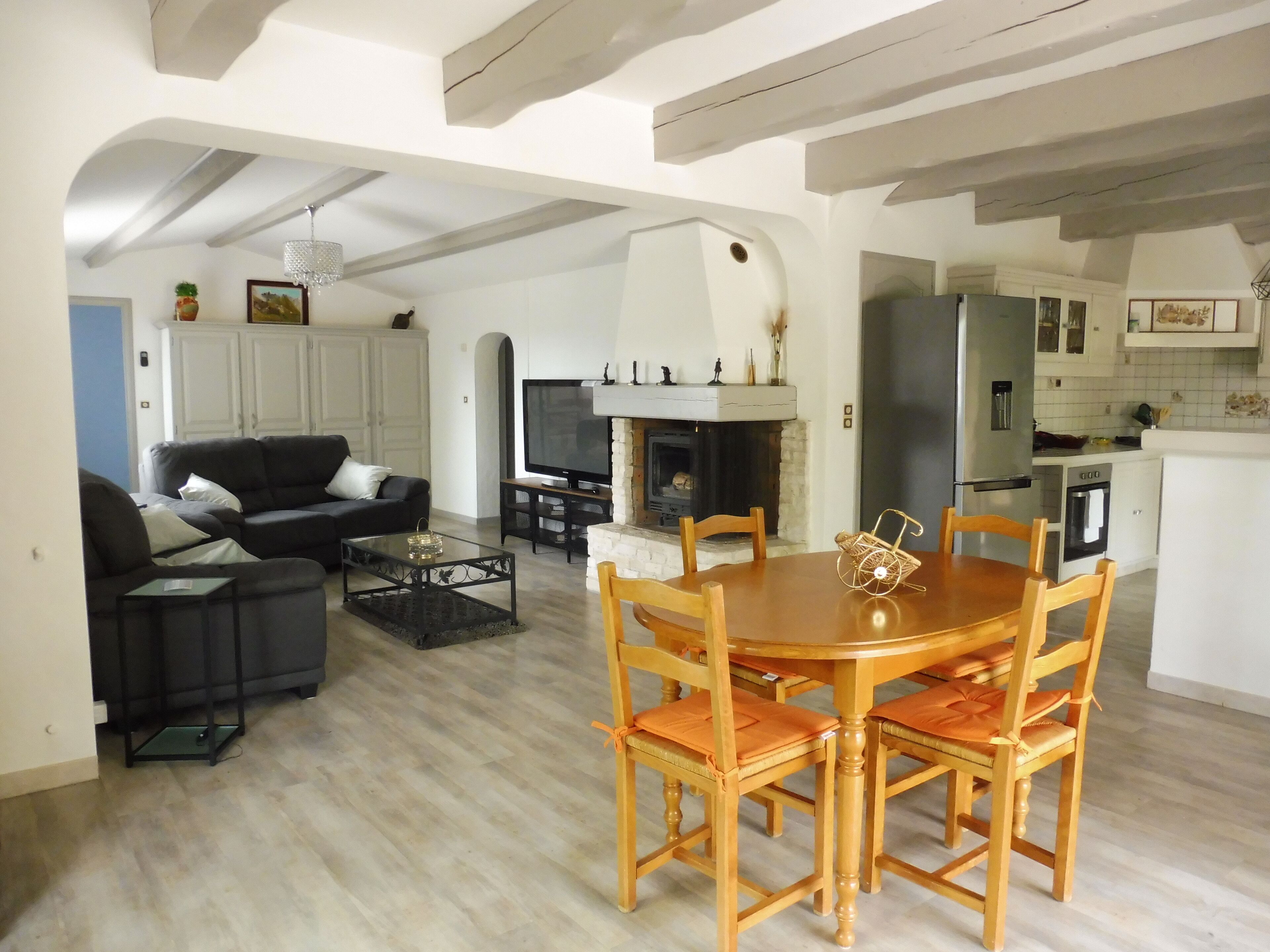 TV, caminetto, libri