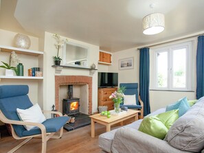 Een televisie en een open haard