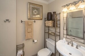 Regadera, toallas, jabón, shampoo 