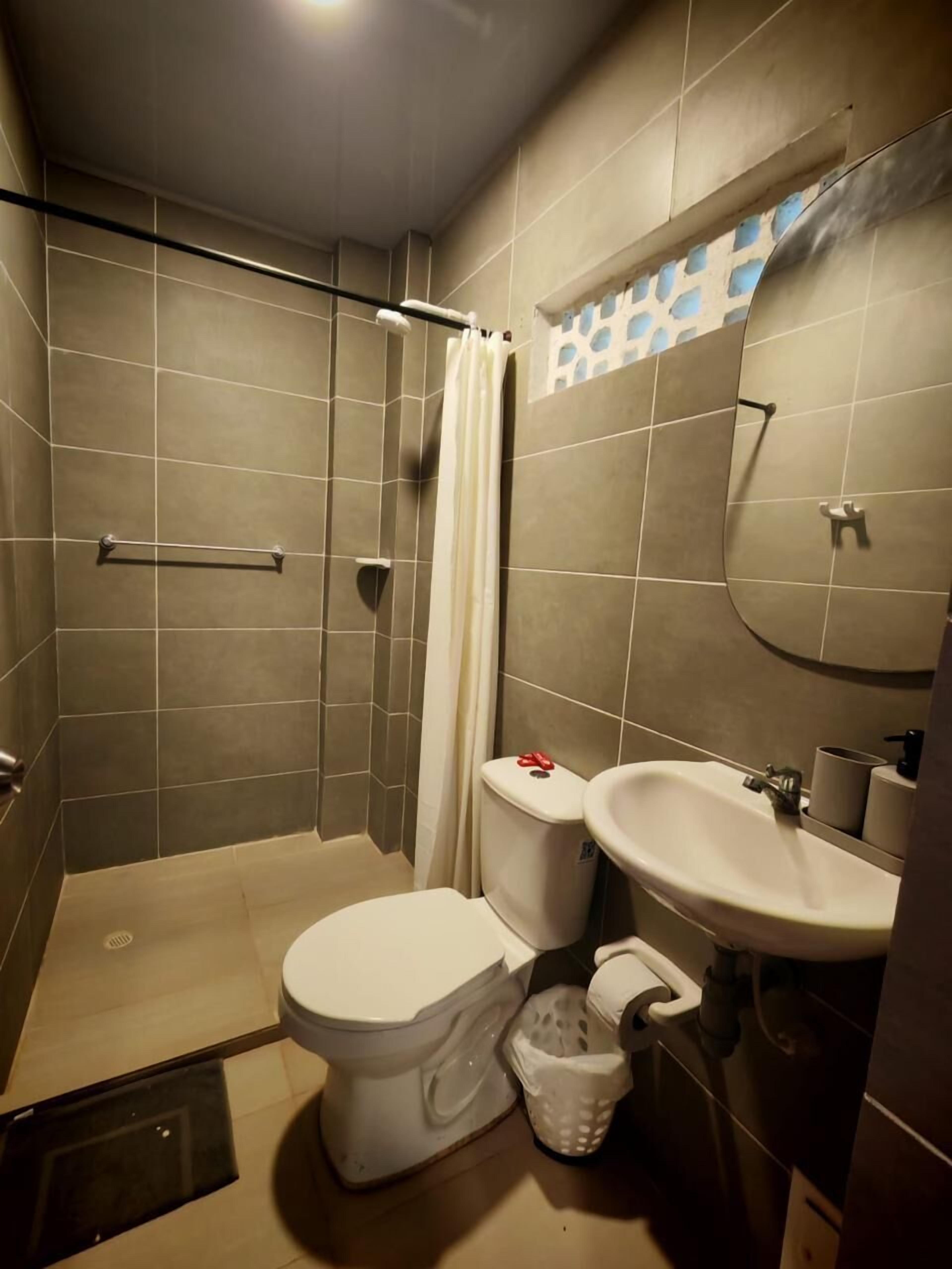 A bathroom with a shower, toilet, sink, and a mirror.