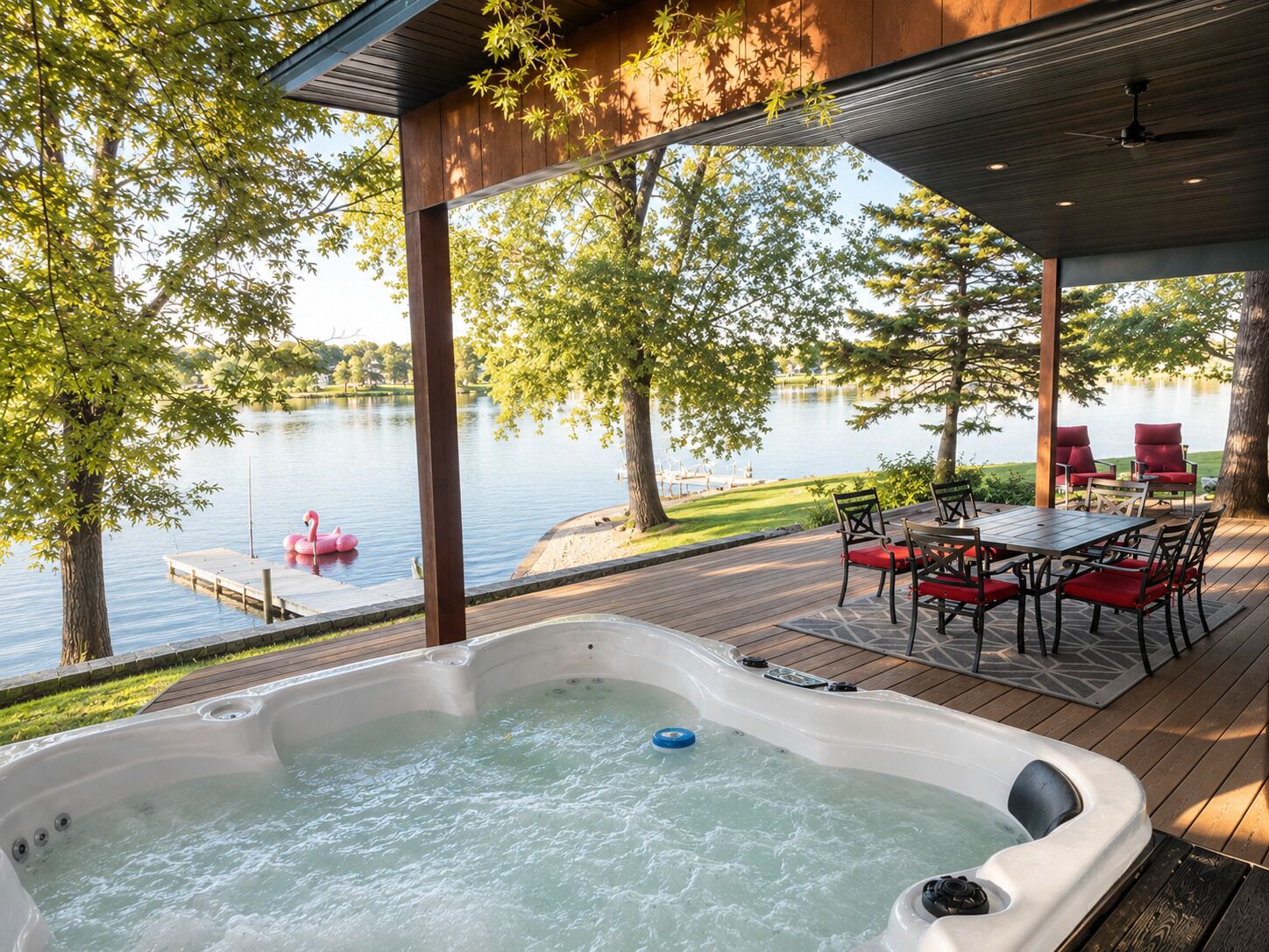 Ein Whirlpool auf einer Holzterrasse mit Blick auf einen See und eine Anlegestelle mit einem Flamingo-Schwimmschwan.