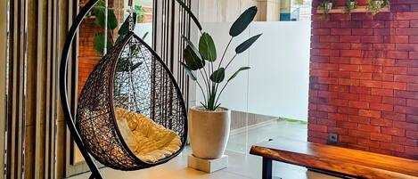 A modern interior with a hanging chair, a potted plant, and a wooden bench.