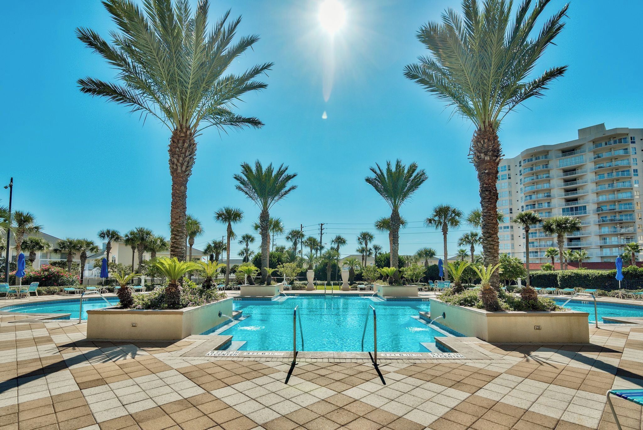 A swimming pool surrounded by palm trees and a multi-story building in the background.