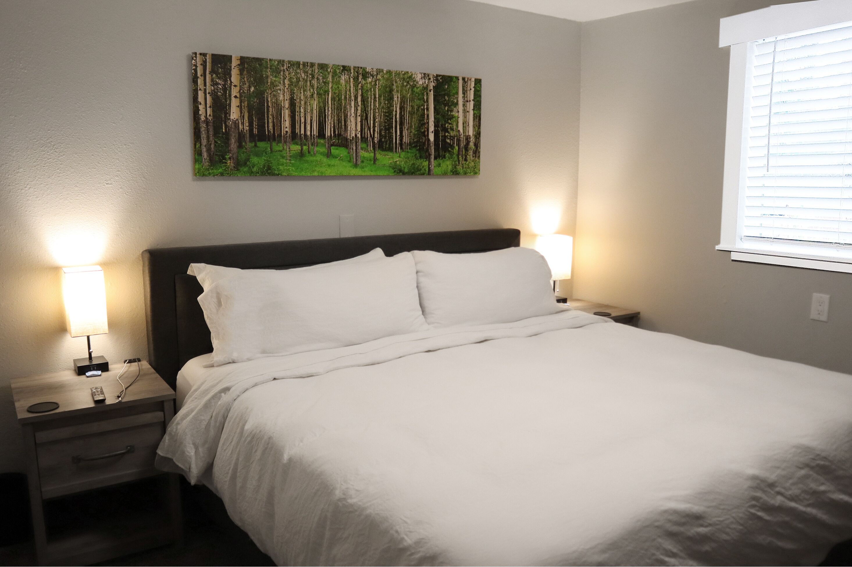 A neatly made bed with white linens, two bedside lamps, a nightstand, and a wall-mounted painting of a forest.