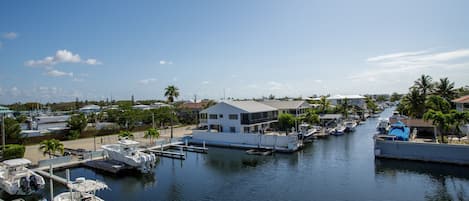 A marina with boats docked, a white building, and palm trees.
