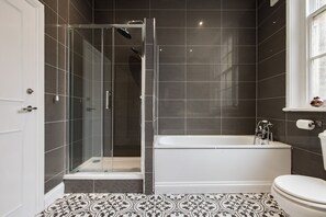 Hair dryer, towels, soap, shampoo