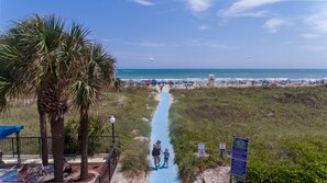 Stroll along the beachside walkway, lined with palm trees and bordered by a metal railing, leading to a lively beach area.