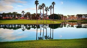 Enjoy a serene golf course with lush green grass and a tranquil water body reflecting the surrounding palm trees.