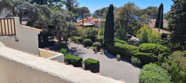 A well-maintained garden with neatly trimmed hedges and a variety of trees.